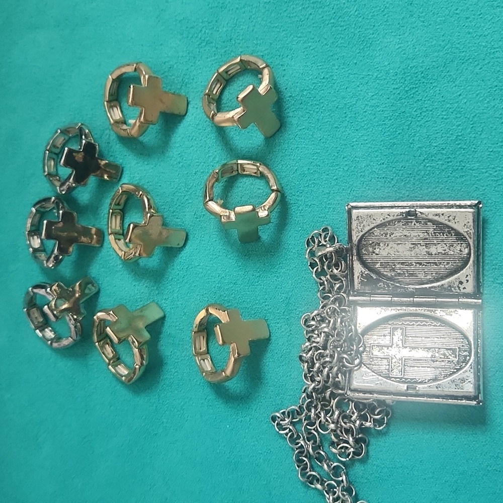 Lot of 9 Cross Rings and One Necklace